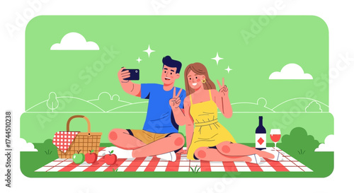 Cheerful couple taking a selfie on a picnic in the park to enjoy themselves