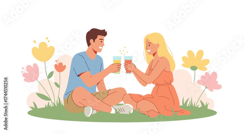 Cheerful Couple Toasting Drinks While Enjoying a Relaxing Afternoon Picnic Together