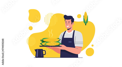 Cheerful Chef Presenting Freshly Cooked Corn Cobs on a Stylish Tray Artwork Design