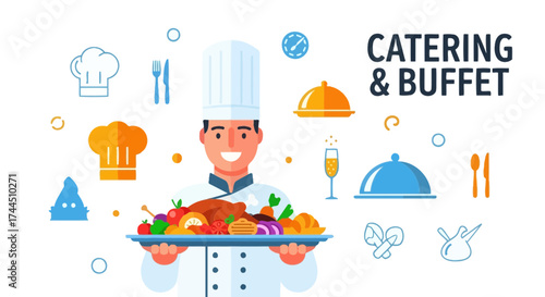 Cheerful Chef Presenting Catering Buffet Menu With Culinary Delights Artwork Concept