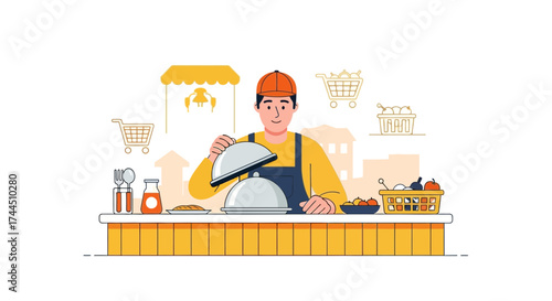 Cheerful Chef Presenting Meal Preparation And Displaying Culinary Expertise In Illustration