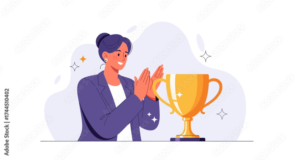 Fototapeta premium Celebrating Success: A Professional Woman Applauding Her Victory Over a Golden Trophy