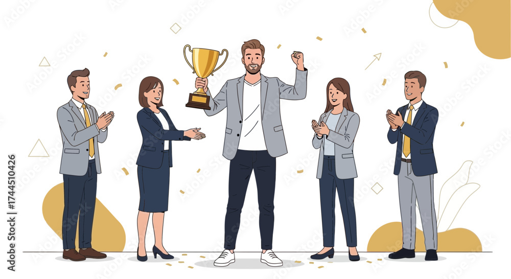 Obraz premium Celebrating Success: A Team Honors A Leader's Achievement With The Golden Trophy