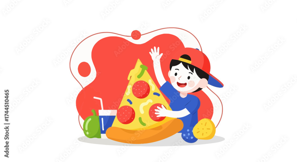 Naklejka premium Cheerful Child Celebrating Pizza, Embracing Its Delicious Slice With Enthusiasm