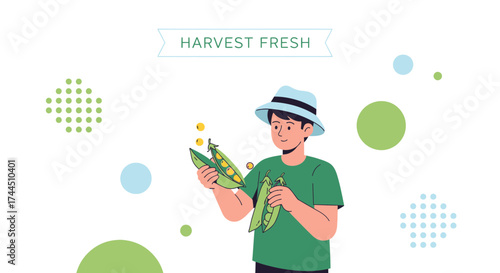 Cheerful Farmer Harvesting Fresh Green Peas, Displaying Organic Produce, In Graphic Style