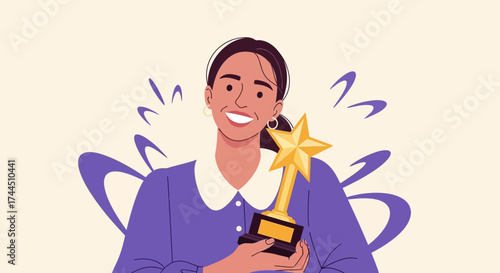 Celebrating Success: A Woman Holding Achievement Star Trophy For Recognition And Award