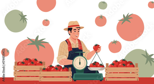 Cheerful Farmer Weighing Fresh Tomatoes And Selling Organic Produce Straight From The Farm