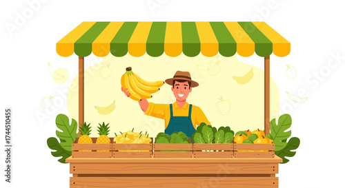 Cheerful Farmer Selling Fresh Produce From His Stall, Perfect for Healthy Lifestyle Illustrative