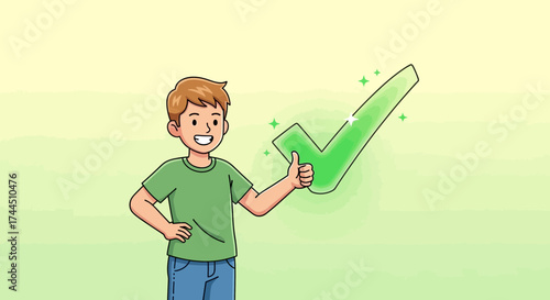 Cheerful Figure Posing With Large Affirmative Symbol Showing Approval And Success