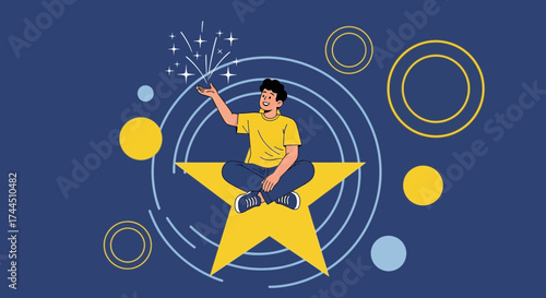 Celebrating Success: An Enthusiastic Individual Embraces Triumph On A Radiant Star