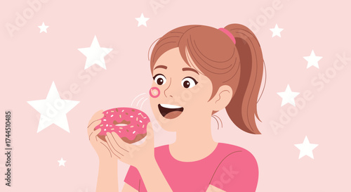 Cheerful Female Smells Donuts, Pink Theme, With Stars Around, Perfect Joyful Moment