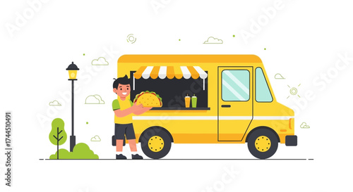 Cheerful Food Truck Seller Presenting a Delicious Taco in a Sunny Outdoor Setting