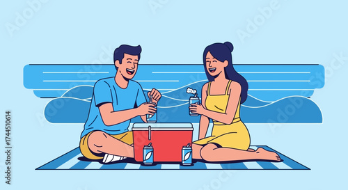 Cheerful Friends Enjoying Refreshments At A Beach Picnic, Laughing And Relaxing Together