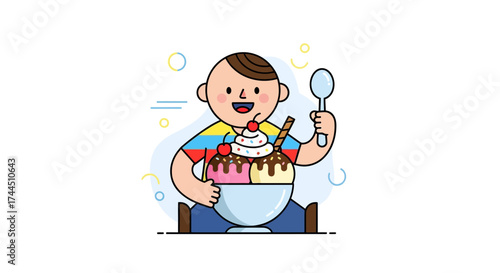 Cheerful Child Delights In A Giant Ice Cream Sundae With Vibrant Illustration