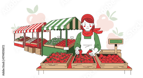 Cheerful Fruit Vendor Presenting Fresh Produce at a Local Marketplace Display