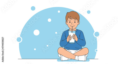 Cheerful Child Drinking Milk While Enjoying a Peaceful, Relaxing Moment in the Morning