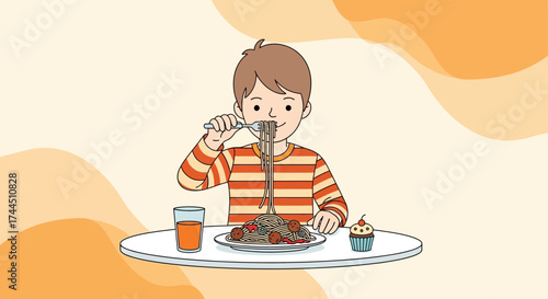 Cheerful Child Eating Spaghetti and Enjoying a Plateful of Delicious Pasta Delights