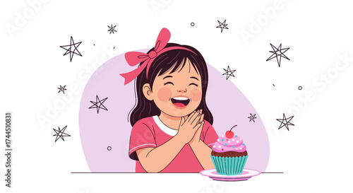 Cheerful Girl Celebrating Cake, Anticipation And Happiness Shown Vividly and Wonderfully
