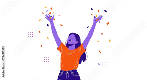 Celebratory Moment Of Exuberant Woman Surrounded By Festive Falling Confetti Particles
