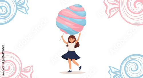 Cheerful Girl Enjoying a Gigantic Cotton Candy Delight with Sweet Pastel Decorations