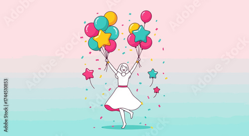 Celebratory Joyful Lady With Colorful Balloons, Festive Background, And Fun Graphics