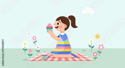 Cheerful girl enjoying cupcake on a picnic blanket in a beautiful sunny day