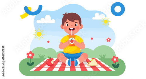 Cheerful Child Enjoying Apple Juice During a Picnic Outdoors on a Sunny Summer Day
