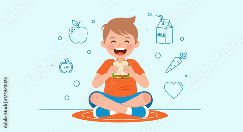 Cheerful Child Enjoying Healthy Meal with Sandwich, Apples, Milk, and Vegetables