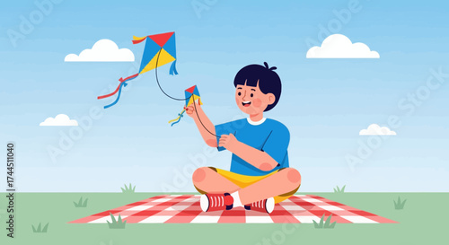 Cheerful Child Enjoys Kite Flying During A Sunny Day in The Park