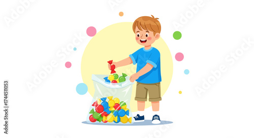 Cheerful Child Grasping Colorful Candy Treats From a Transparent Bag Delightfully