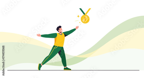 Champion celebrating victory holding a gold medal with number one to show first place in competition