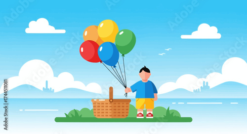 Cheerful Child Holding Balloons With Picnic Basket and Coastal Scene, Joyful Moment