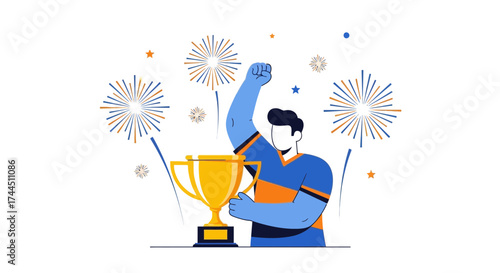 Champion Celebrating Victory Holding Trophy with Fireworks Illustration Design