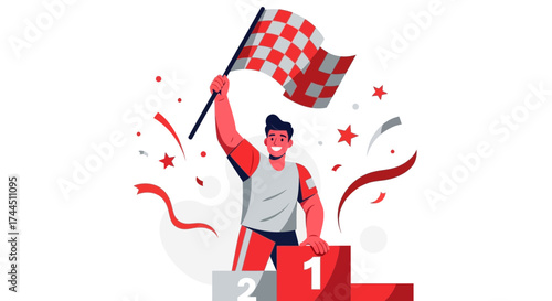 Champion Celebrating Victory on Podium with The Checkered Flag Amidst Celebration Flourishes