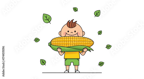 Cheerful Child Holding Delicious Sweet Corn with Green Leaves as Fresh Harvest