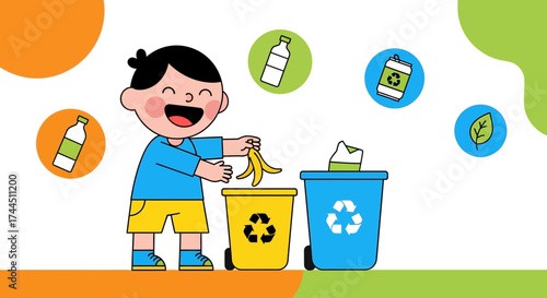 Cheerful Child Sorting Waste Into Recycling Bins Promoting Environmental Responsibility