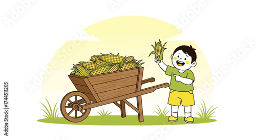 Cheerful Child Showing Corn Harvest With Wheelbarrow For A Bountiful Season