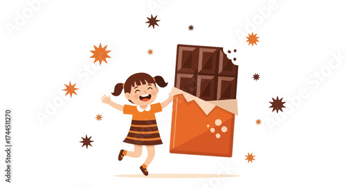 Cheerful girl excited about a large chocolate bar, cartoon illustration on white background