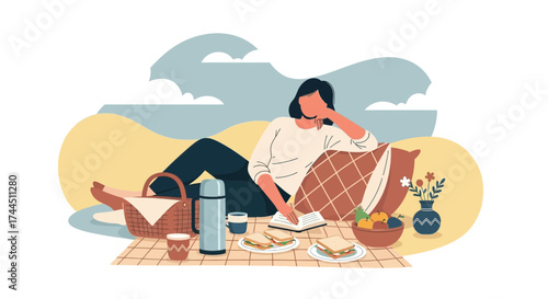 Charming Afternoon Picnic Illustration Depicting Relaxation, Reading, and Enjoying Delicious Food