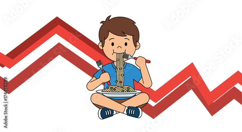 Charming Boy Eating Spaghetti Above Red Zigzag Pattern Design Against White Background