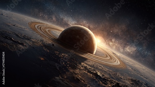 Stunning artistic view of Saturn with its rings from space and celestial background