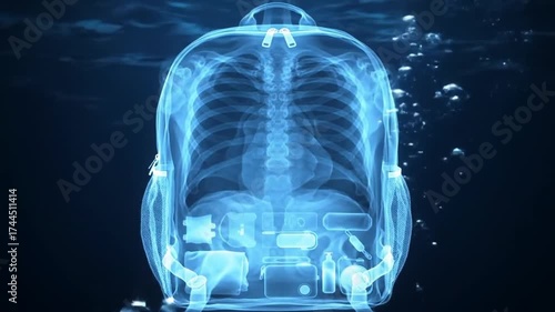 Dynamic Holographic X-ray Backpack Scan Revealing Contents and Human Skeleton Underwater