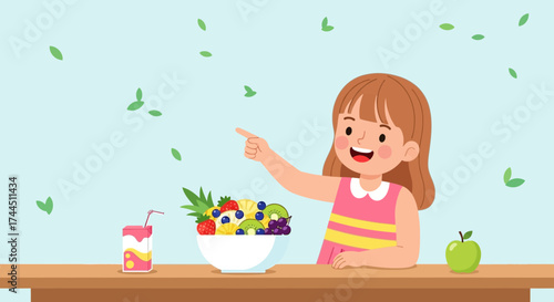 Cheerful girl pointing to a bowl of fresh fruit, promoting healthy eating habits