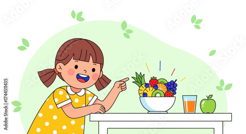 Cheerful girl pointing at a bowl of fruits, representing healthy food concept