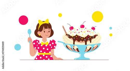 Cheerful Girl Prepared To Enjoy a Magnificent Ice Cream Sundae with Decorations