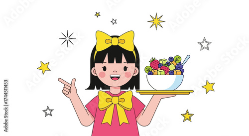 Cheerful Girl Presenting Healthy Fruit Salad, Colorful Illustration with Decorative Stars and Bows
