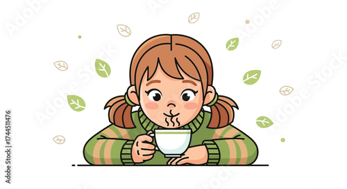 Cheerful Girl Sipping Hot Tea In Cozy Sweater Surrounded By Floating Leaves