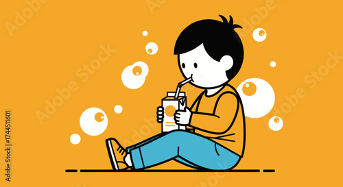 Cheerful Illustration Depicting a Child Drinking Juice While Surrounded By Bubbles