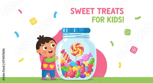Cheerful Illustration Of A Delighted Boy Holding A Jar Full Of Colorful Candies
