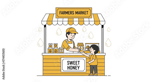 Cheerful Illustration Of A Farmers Market Stall With Sweet Honey And Customer Interaction
